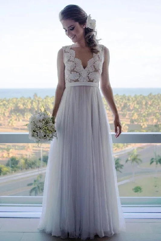 Affordable Women’s Clothing Online A Line Floor Length V Neck Sleeveless Tulle Beach Wedding Dress with Lace N2401