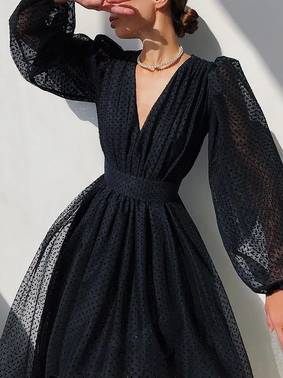 Ride The Style Wave Gauze Polka Dot Puff Sleeves Midi Dress    S1245