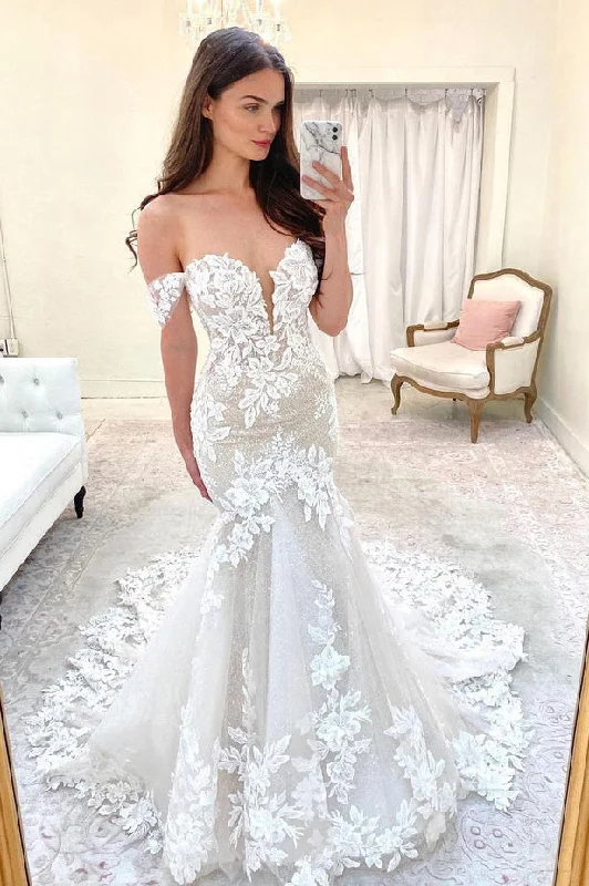 Feminine Dresses for Women in Bold Prints Off-the-shoulder Mermaid Sweetheart Lace Wedding Dresses N129