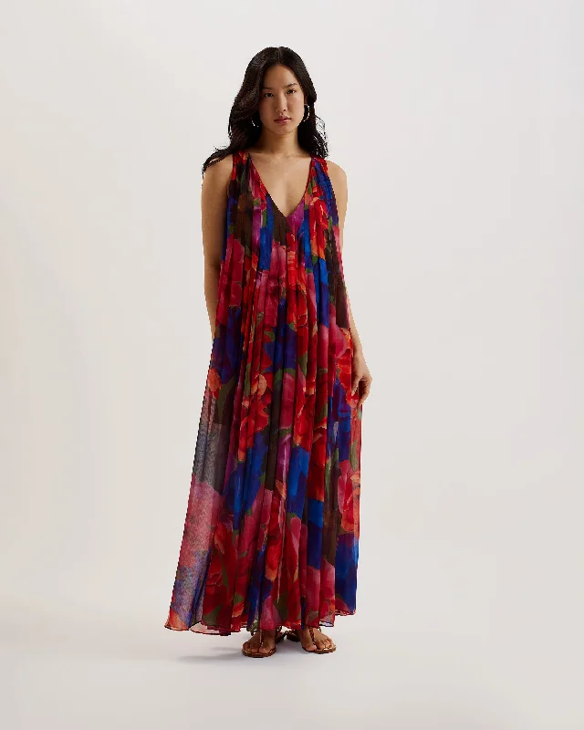 Clothes Woman Rabiusa Organza Tropical Bloom V Neck Maxi Dress Multicolor