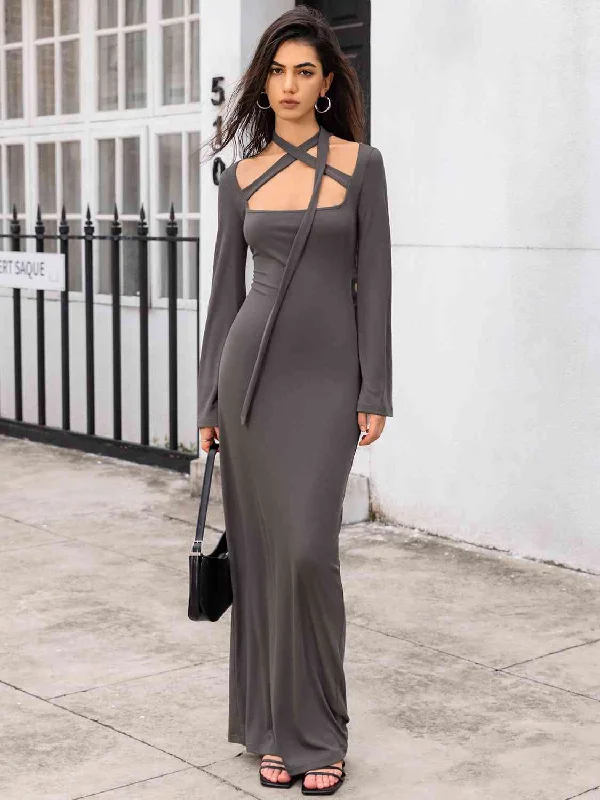 Casual Fashion Tie Detail Long Sleeve Sexy Maxi Dress