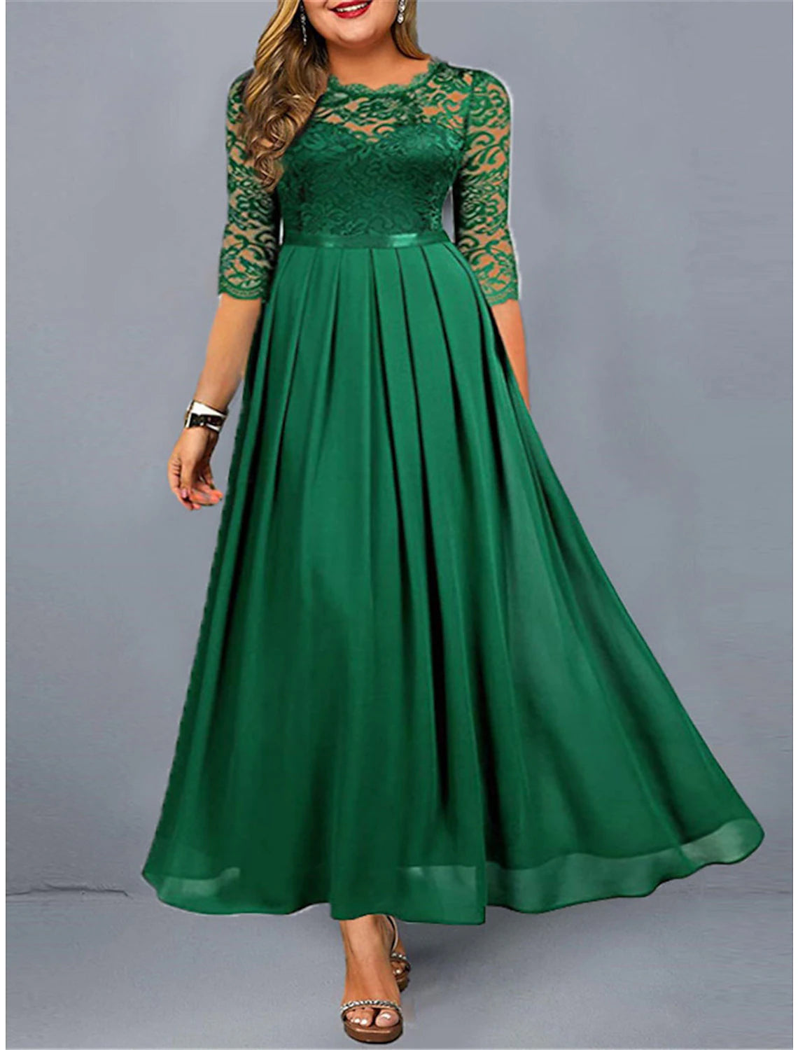 Bundle Offer Women's Plus Size Green Chirstmas Dress Curve Party Dress Lace Dress Homecoming Dress Solid Color Long Dress Maxi Dress 3/4 Length Sleeve Lace Crew Neck Modern Party Black Wine Summer Spring