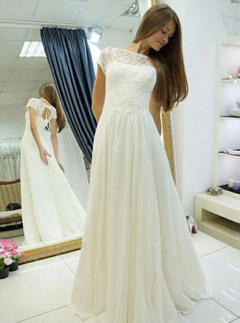 Trendy Street Style Clothing Elegant A-Line Bateau Chiffon Cap Sleeves Lace Wedding Dress OW356