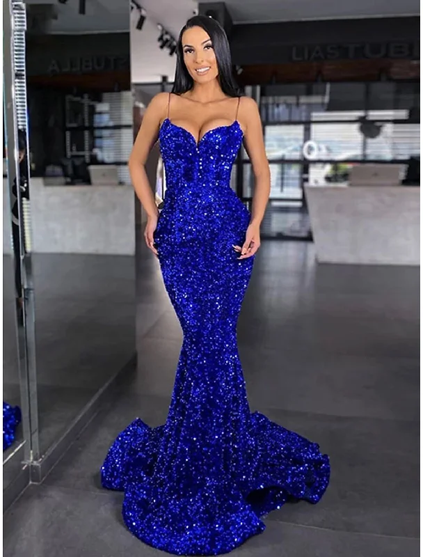 Latest Fashion Mermaid / Trumpet Prom Dresses Maxi Dress Masquerade Sweep / Brush Train Sleeveless Spaghetti Strap Sequined Backless with Sequin