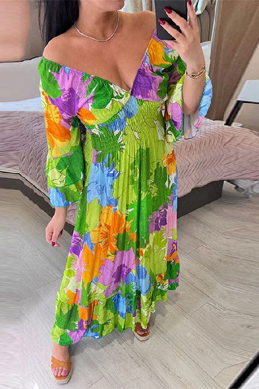 Comfort Centric Apparel Floral Print Pretty Trumpet Sleeve Midi Dress