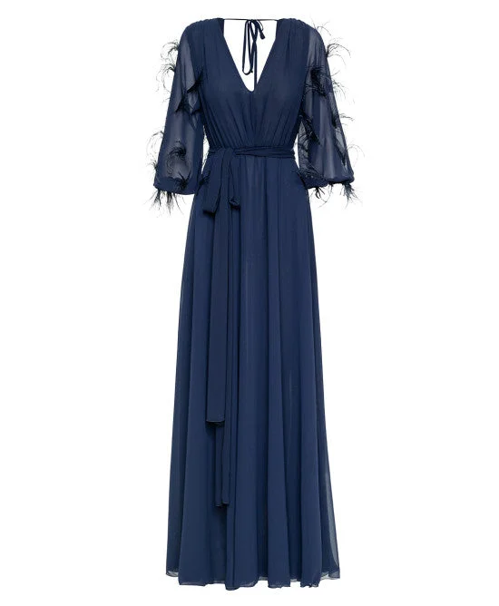 Women's Clothes Access Fashion Navy Maxi Dress With Feather Sleeves