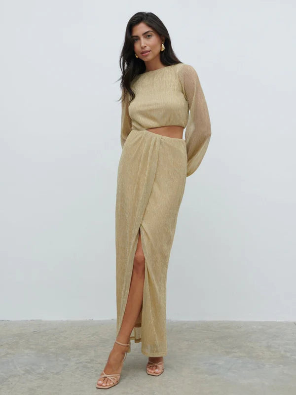 Online Impressions Boutique Rae Long Sleeve Cut Out Maxi Dress (Metallic Gold)