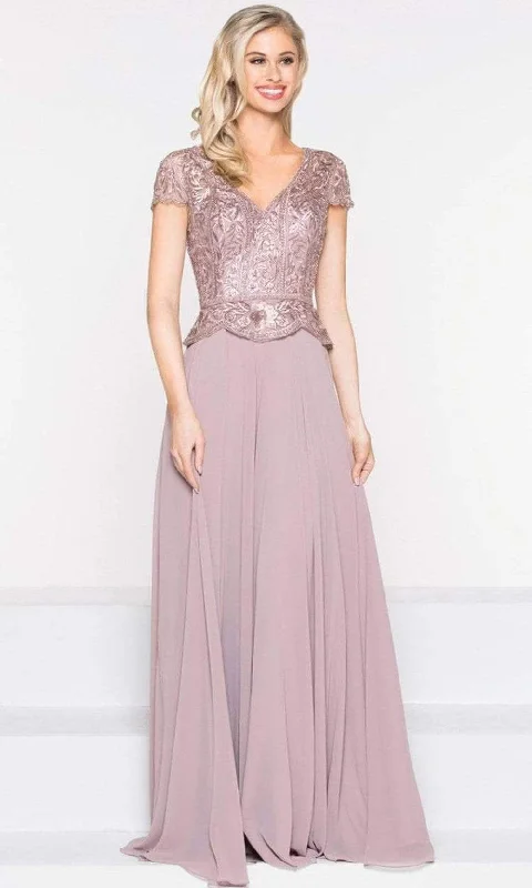 Chic Wardrobe Essentials Marsoni by Colors - M243 Short Sleeve Embroidered Peplum Chiffon Gown