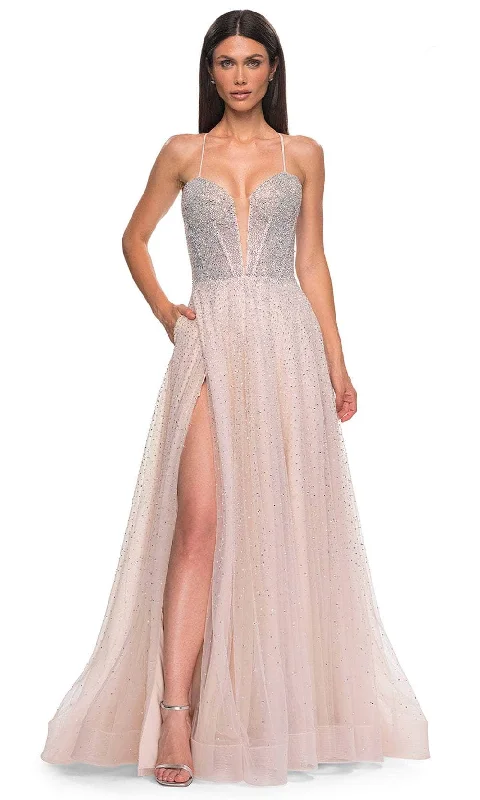 Premium Style La Femme 32725 - Deep V-Neck Rhinestone-Embellished Prom Gown