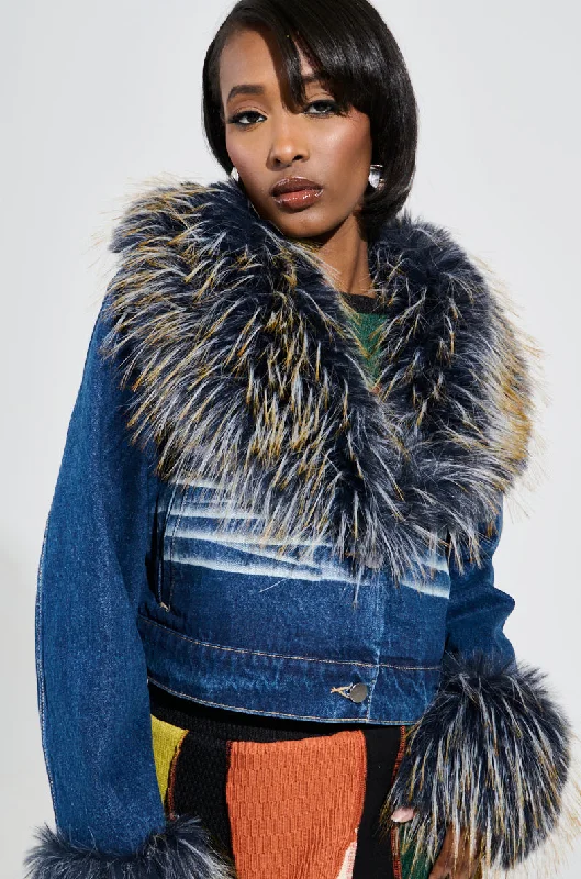 Designer Wear On Sale AD ASTRA FUR TRIM JACKET IN DARK BLUE DENIM