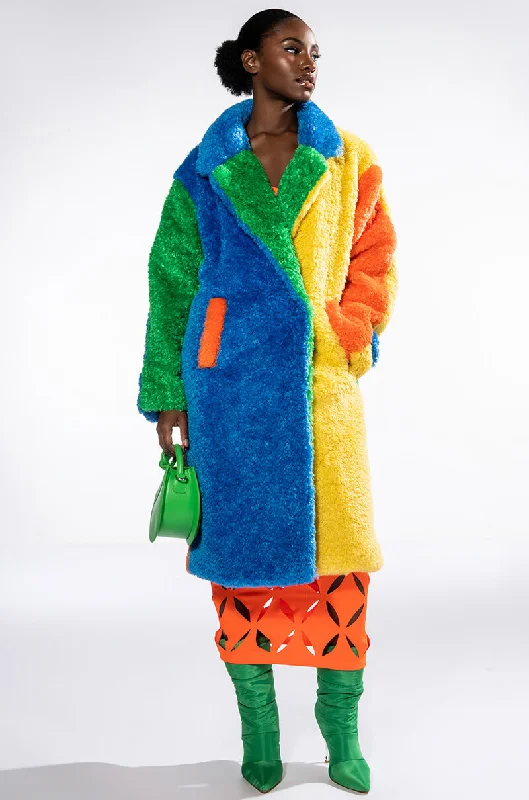 Signature Style Essentials MULTI COLOR BLOCK RAINBOW TEDDY FAUX FUR COAT