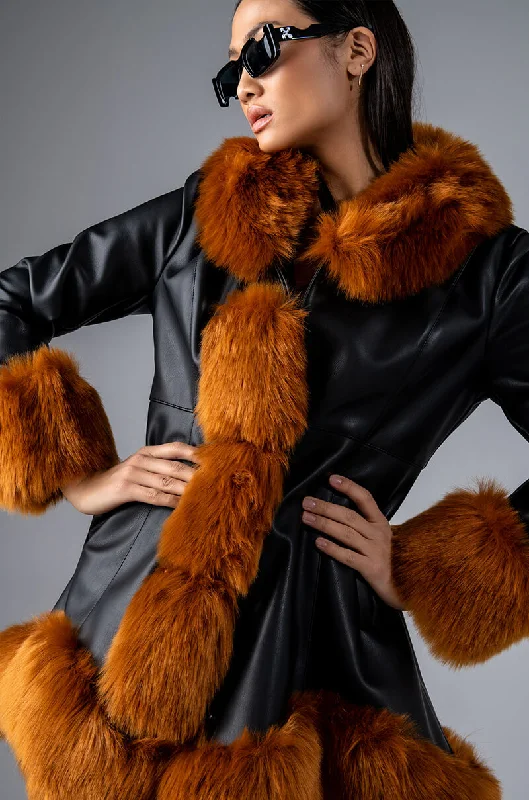 End Of Season Sale Clothing LONG PLEATHER JACKET WITH FAUX FUR TRIM