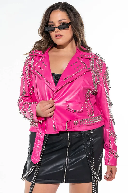 Step Ahead, Lead The Trend PLUS AZALEA WANG ALL PINK SOFI STUDDED MOTO JACKET