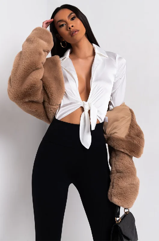 Seasonal Clearance WARM UP CROP FAUX FUR JACKET CAMEL