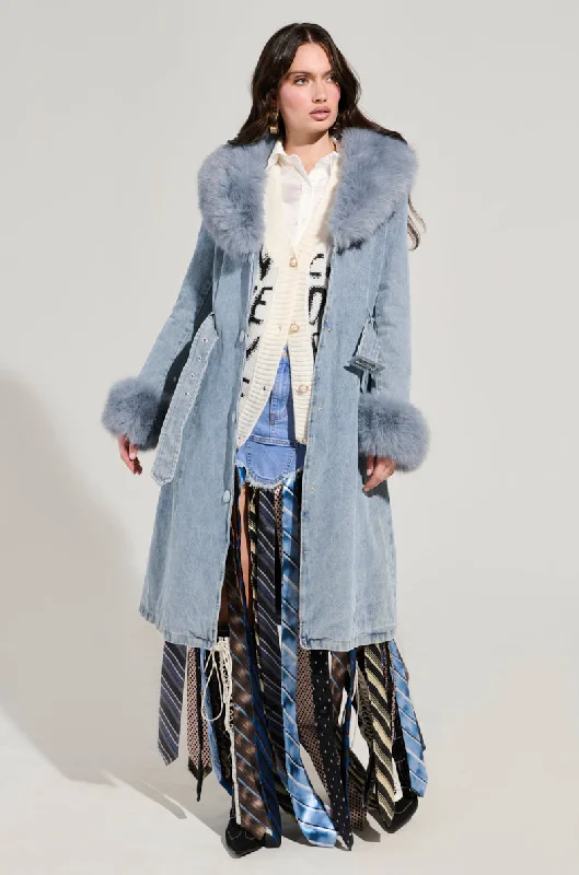 Style Without Limits KAYA FUR TRIM TRENCH IN DENIM