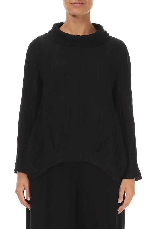 Sustainable Fashion Extravaganza Soft Cowl Neck Crinkled Black Silk Blouse