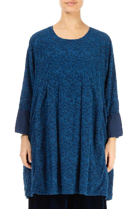 Stylish Savings Bell Sleeve Floral Blue Silk Tunic