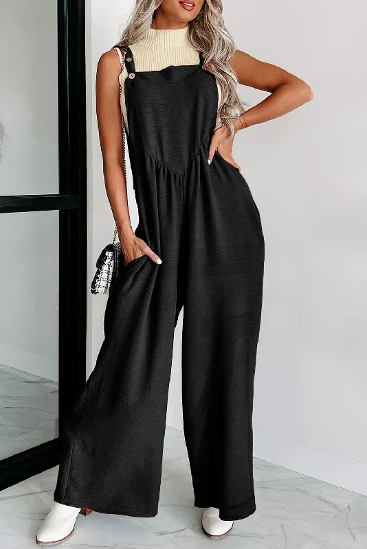 End Of Season Clearance Textured Buttoned Straps Ruched Wide Leg Jumpsuit