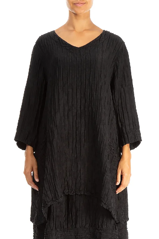 Style Breakthroughs Twin Pockets Crinkled Black Silk Linen Tunic