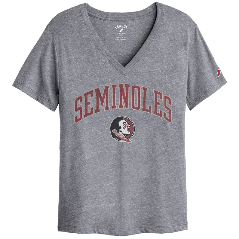 Vintage Fashion League Women's Seminoles/Seminole Logo Design Short Sleeve V-neck T-shirt - Heather Grey