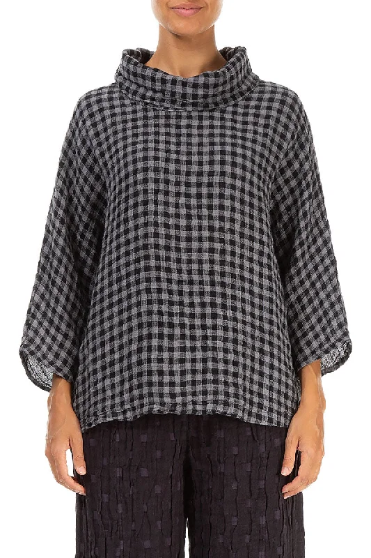 Chic & Cozy Collection Cowl Neck Grey Check Linen Blouse