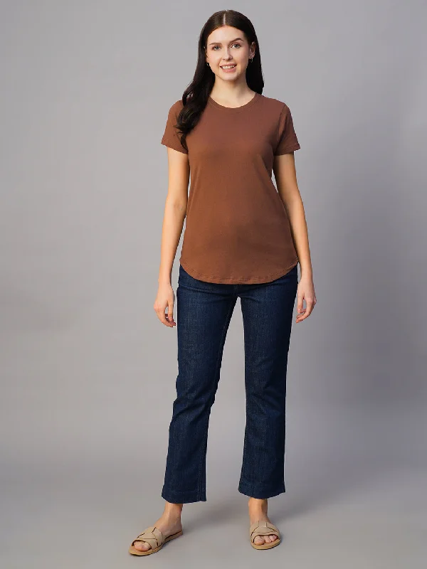 Women's Clothing Brands Women's Brown 100% Cotton Regular Fit Tshirt