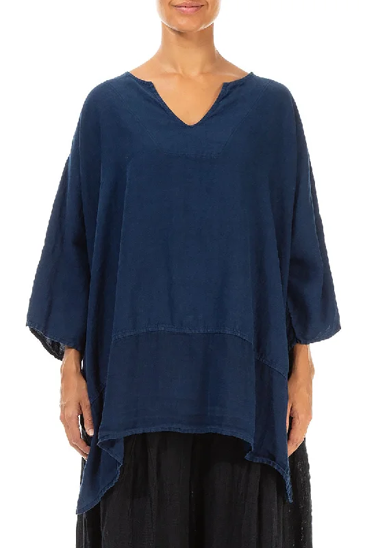 Best Seller Boxy V-Neck Blue Linen Tunic