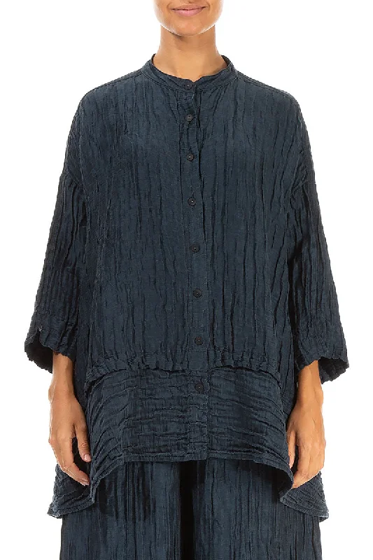 Chic Trends Unveiled Flared Crinkled Midnight Blue Silk Shirt