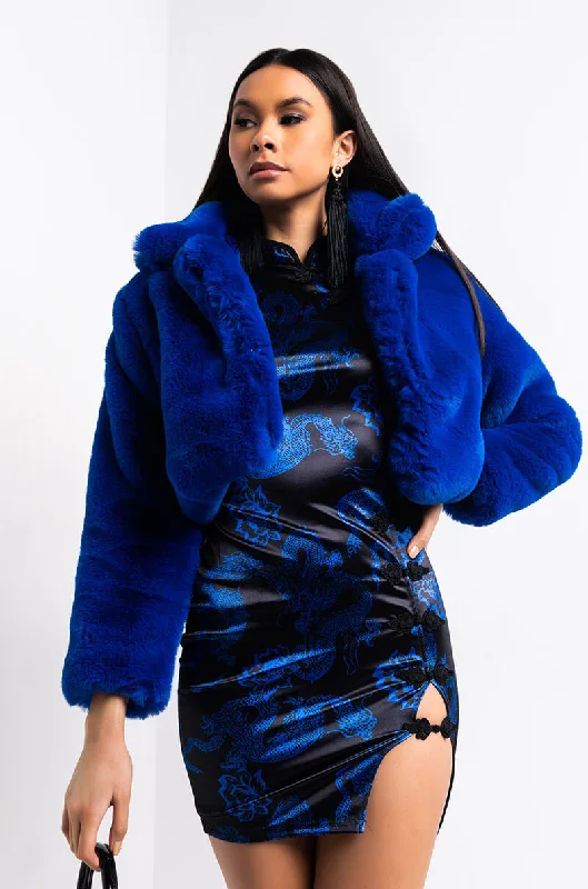 Bid Farewell To The Old Season WARM UP CROP FAUX FUR JACKET BLUE