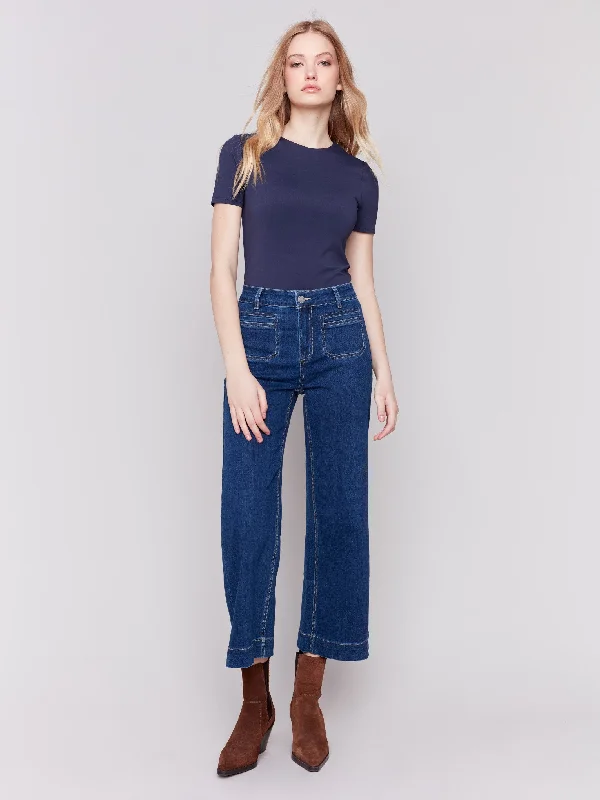 Timeless Elegance Redefined Patch Pocket Flare Jeans - Indigo