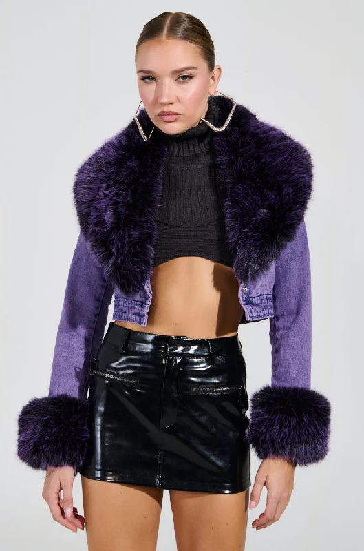 Gift Ideas GISELE CROPPED FUR TRIM DENIM JACKET IN PURPLE