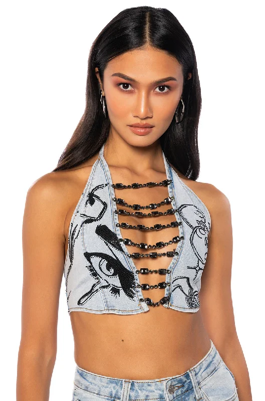 Flash Discount DRIPPING IN DIAMONDS DENIM PLUNGE CROP TOP