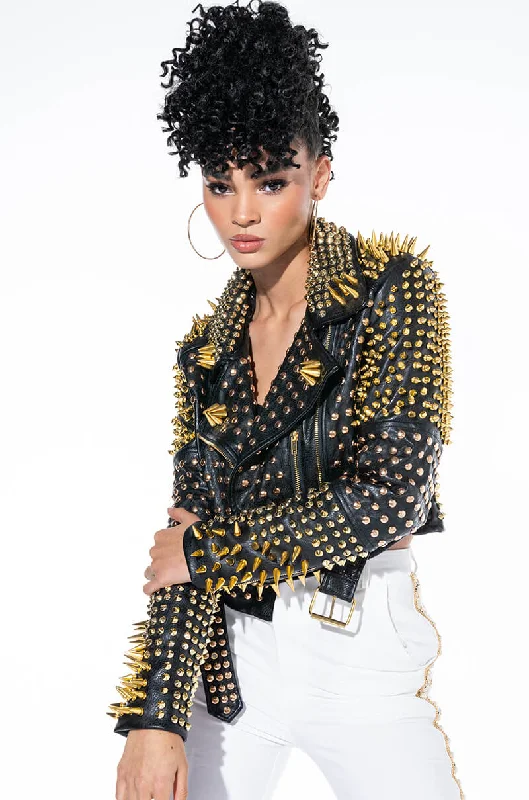 Crazy Price Slashing LUCIFER GOLD SPIKE STUD MOTO JACKET