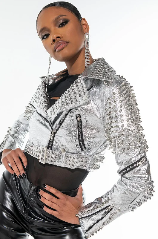 The Latest Fashion Trends AZALEA WANG SILVER STUDDED CROP MOTO