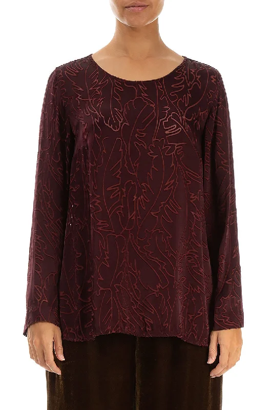 High End Designer Brands Discount Devoré Feather Merlot Silk Blouse