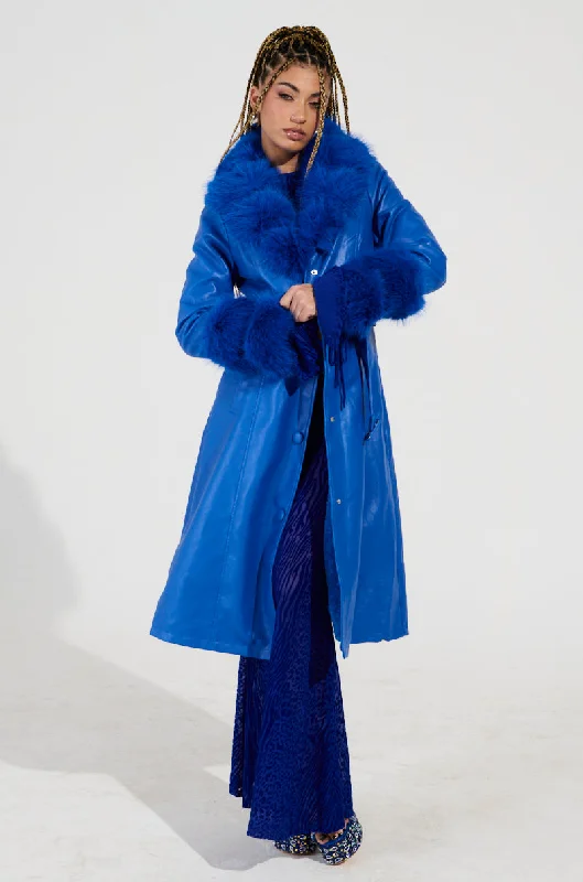 Travel Essentials NEW KAYA FUR LINED TRENCH IN BLUE