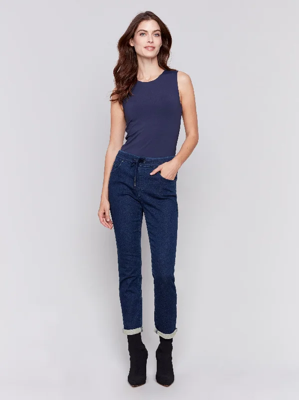 Chic And Trendy Knit Denim Jogger Pants - Blue Black