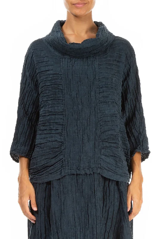 Trendy Threads Cowl Neck Crinkled Midnight Blue Silk Blouse