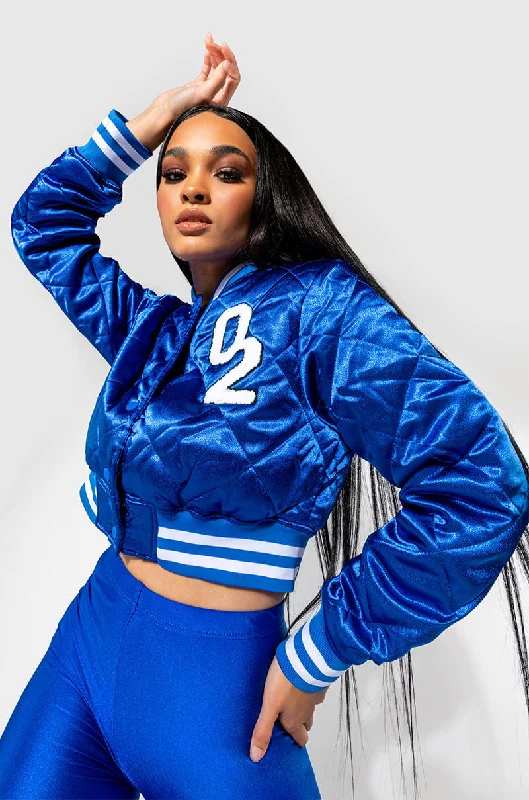 Elegant Styles NO CAP CROPPED SATIN VARSITY BOMBER