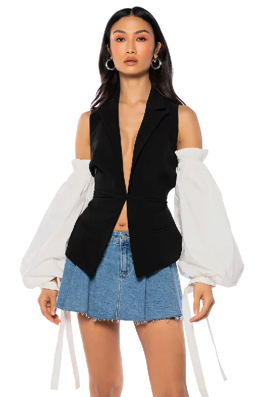 Fast Fashion Favorites RENN GIRL OPEN BACK VEST WITH OFF SHOULDER PUFF SLEEVES