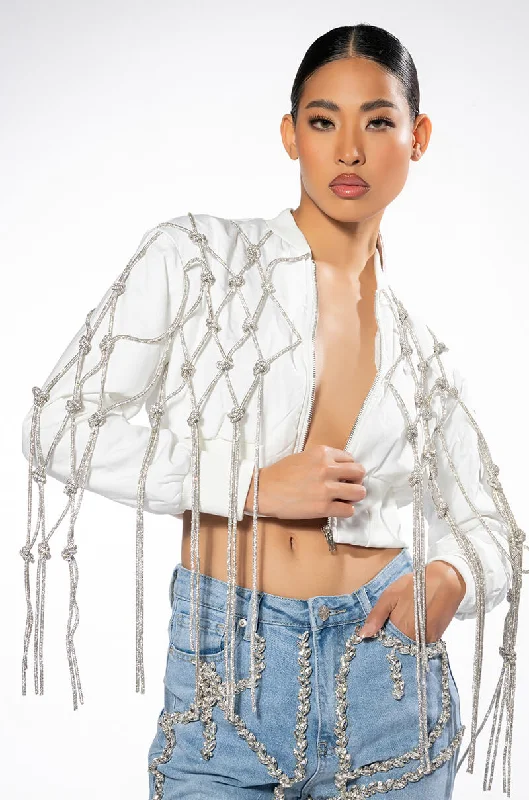 Trendsetter's Closet KYLER CROP BOMBER WITH DIAMOND ROPE