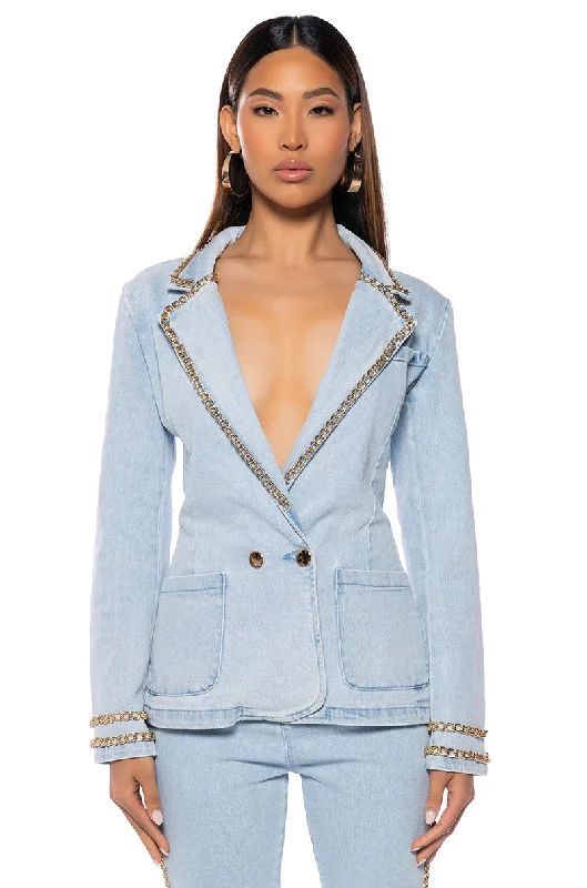 The Latest Trends ME MYSELF AND I CHAIN DETAIL DENIM BLAZER