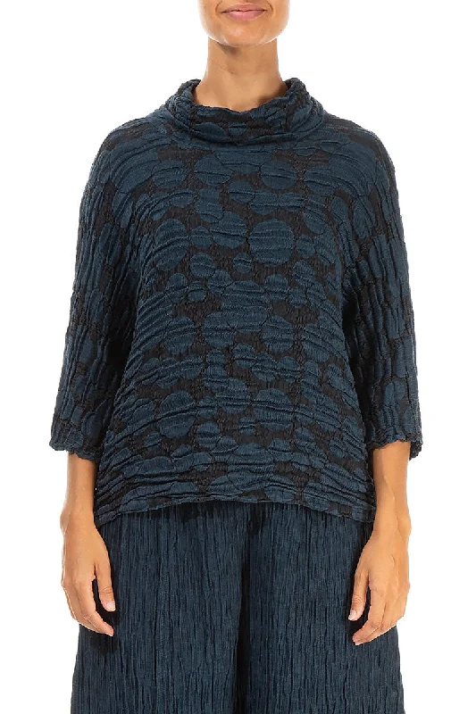 Gorgeous Glamour Collection Cowl Neck Midnight Blue Circle Silk Linen Blouse