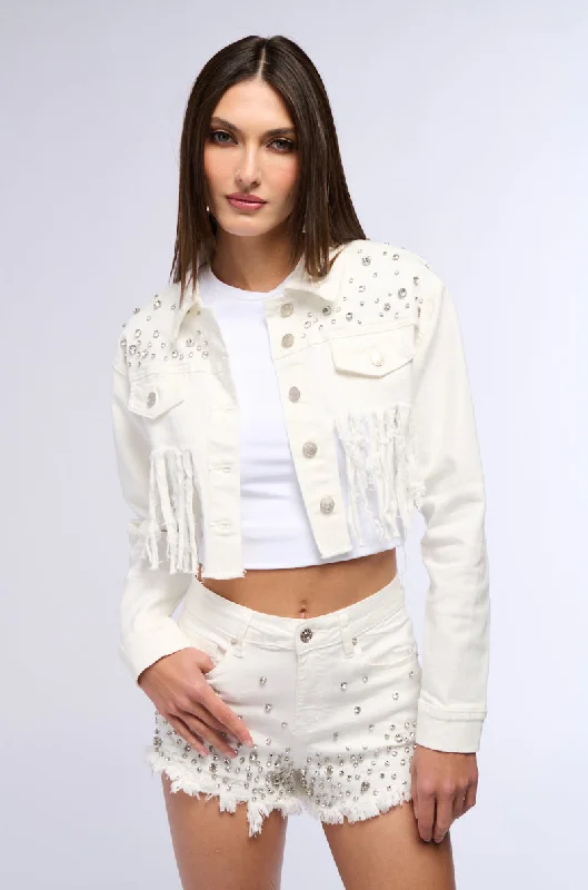 Chic Styles RILEE EMBELLISHED DENIM CROP JACKET IN WHITE