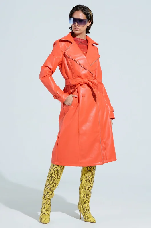 Feminine Dresses for Women in Bold Prints SANDO ZIPPER TRIM TRENCH IN ORANGE