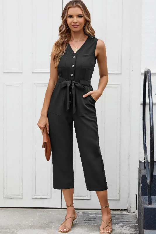 Best Sellers Buttoned Sleeveless Cropped Jumpsuit with Sash