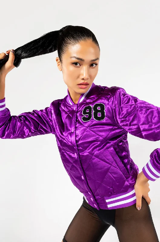 Chic And Edgy WE CALL HER PURP VARSITY BOMBER