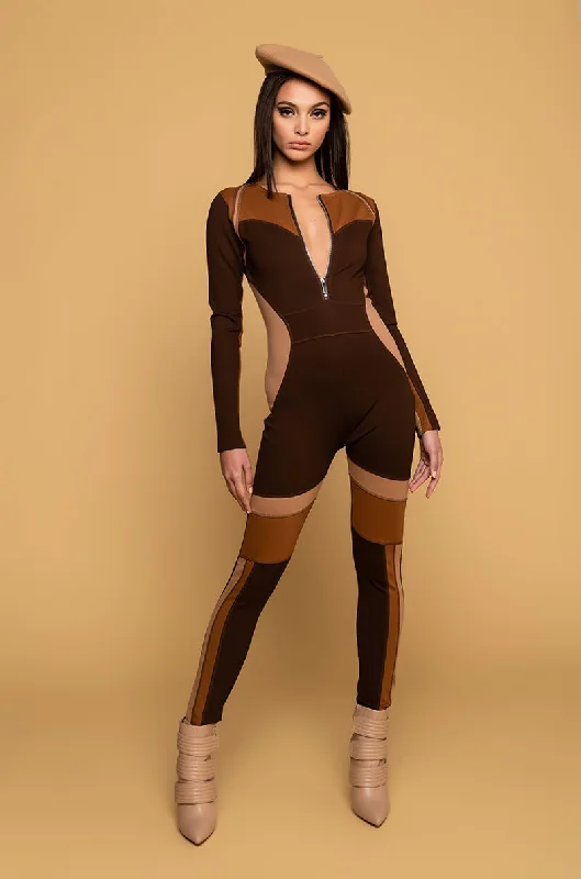 Hot Sale SEXY COLOR BLOCK CATSUIT CASUAL JUMPSUIT BROWN MULTI