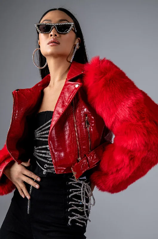 New Arrivals AZALEA WANG RED NOLLA FAUX FUR ARMS CROC MOTO JACKET