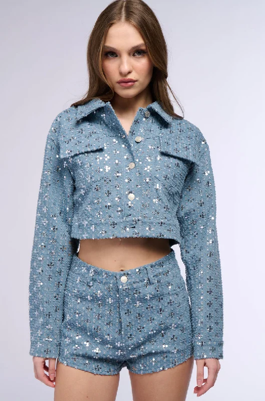 Latest Fashion TEXTURED SEQUIN DENIM CROP JACKET